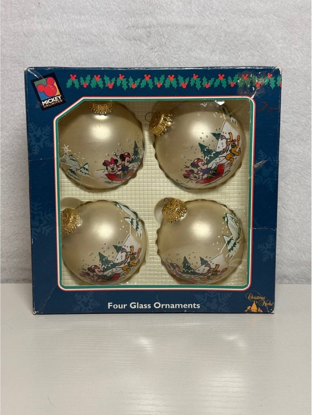 Four Vintage Mickey Unlimited Glass Christmas Ornaments Set - Disneyana Xmas